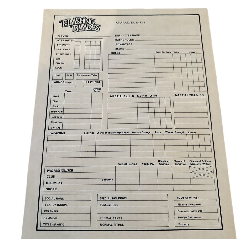 Flashing Blade Character Sheets Role Playing Game